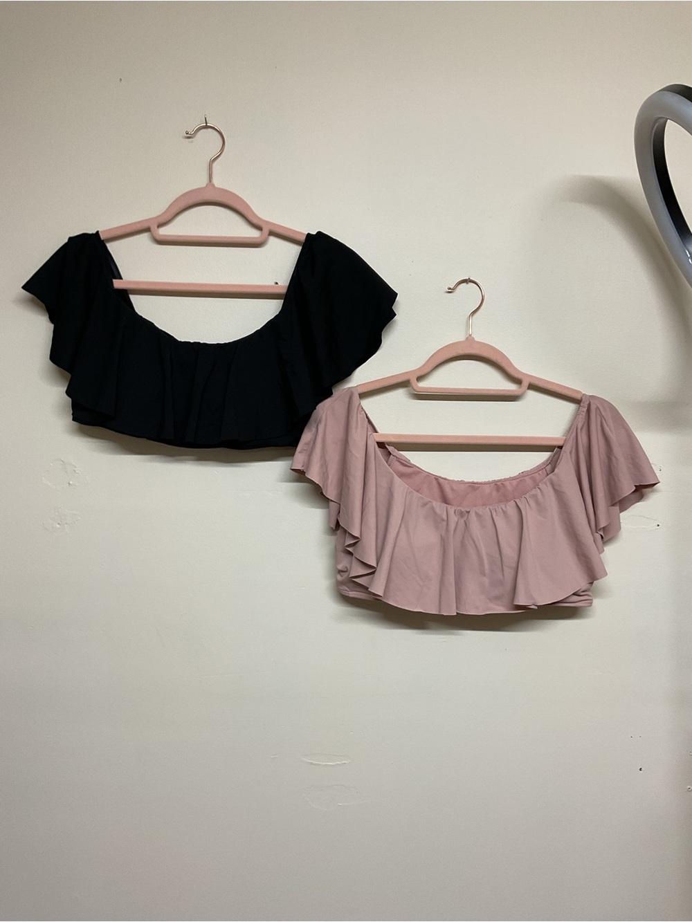 envy Ruffled Off-Shoulder Swim Crop Tops - Black & Dusty Pink